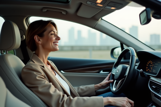 Femme détendue au volant d'une voiture autonome moderne