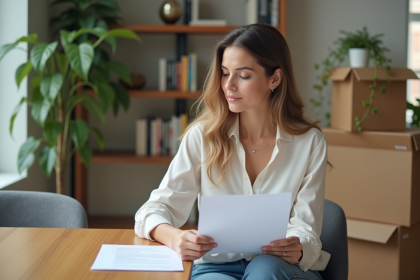 Femme confiante lisant un contrat de location dans un salon lumineux