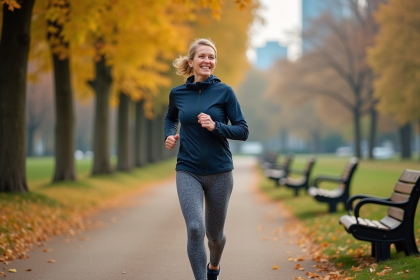 Femme d'âge moyen courant dans un parc automnal