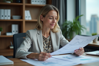 Femme d'affaires examinant un graphique économique dans un bureau