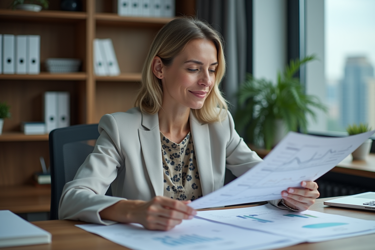 Femme d'affaires examinant un graphique économique dans un bureau