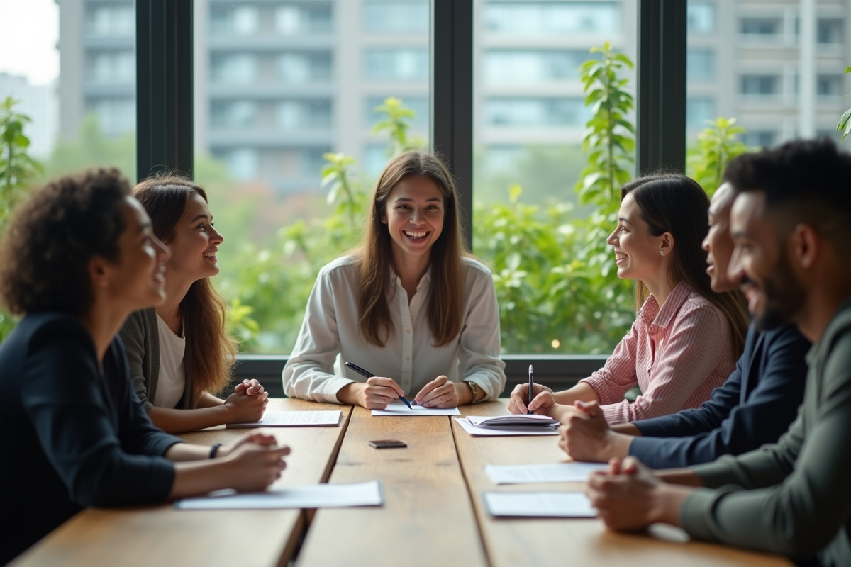 Jeune femme souriante discute avec collègues dans un bureau durable