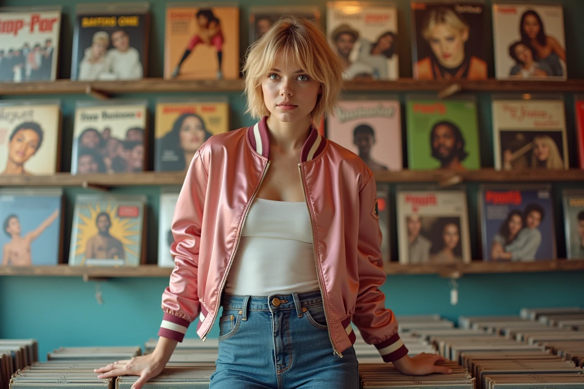 Jeune femme en tenue inspirée des années 70 devant un mur de pochettes de vinyles de pop anglaise classique et contemporaine dans un magasin de disques