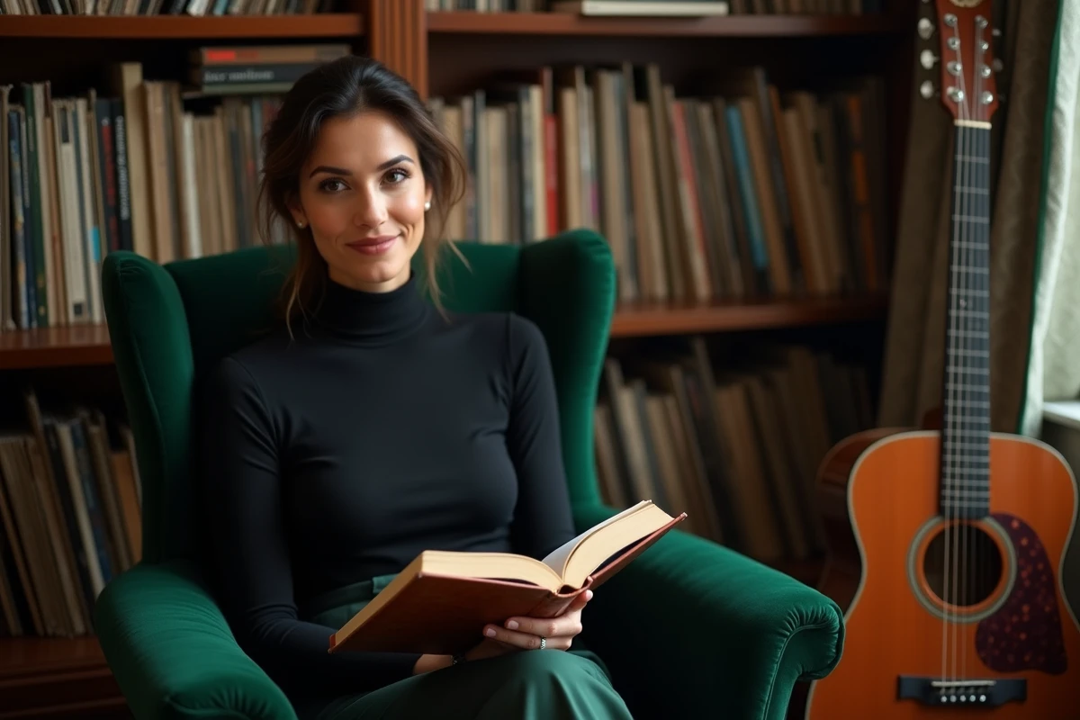 Femme élégante et cultivée dans un appartement parisien vintage avec guitare et vinyles, style intellectuel chic