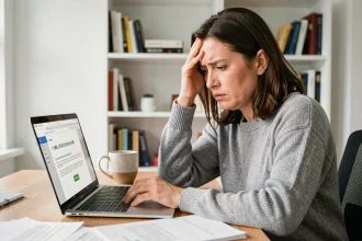 Femme frustrée devant son ordinateur portable avec une erreur d'envoi d'email au service client Darty
