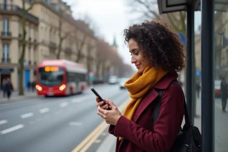 Femme consultant les horaires de bus Lyon sur son smartphone à un arrêt TCL en ville