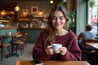 Femme lisant une blague d'humour noire sur son téléphone dans un café parisien avec une expression ambivalente