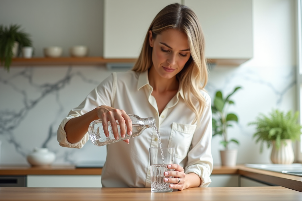 Femme versant de l'eau minérale dans un verre dans une cuisine lumineuse
