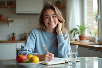 Femme souriante en cuisine en train de journaliser
