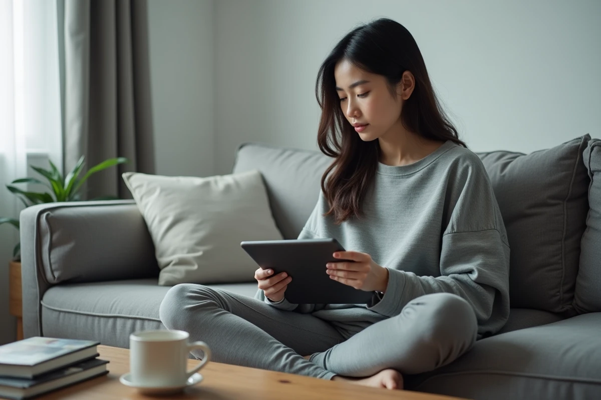 Jeune femme lisant des scans de manga sur une tablette via un serveur Discord dans un salon moderne et minimaliste