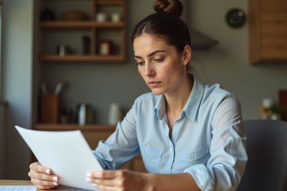 Femme d'âge moyen lisant des papiers dans sa cuisine