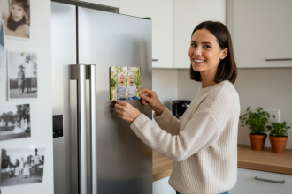 Femme souriante attachant un magnet personnalisé au frigo