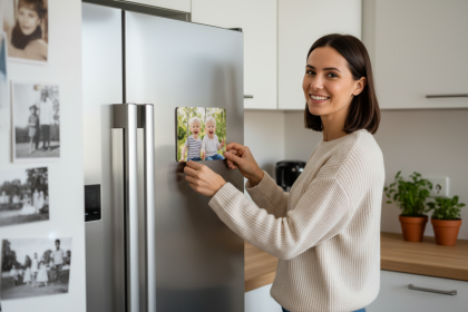 Femme souriante attachant un magnet personnalisé au frigo