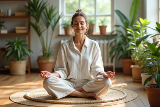 Femme méditant dans un espace naturel intérieur