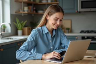 Jeune femme souriante utilisant un ordinateur portable à la maison