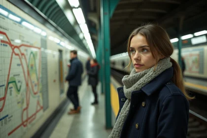 Jeune femme étudie une carte du métro parisien
