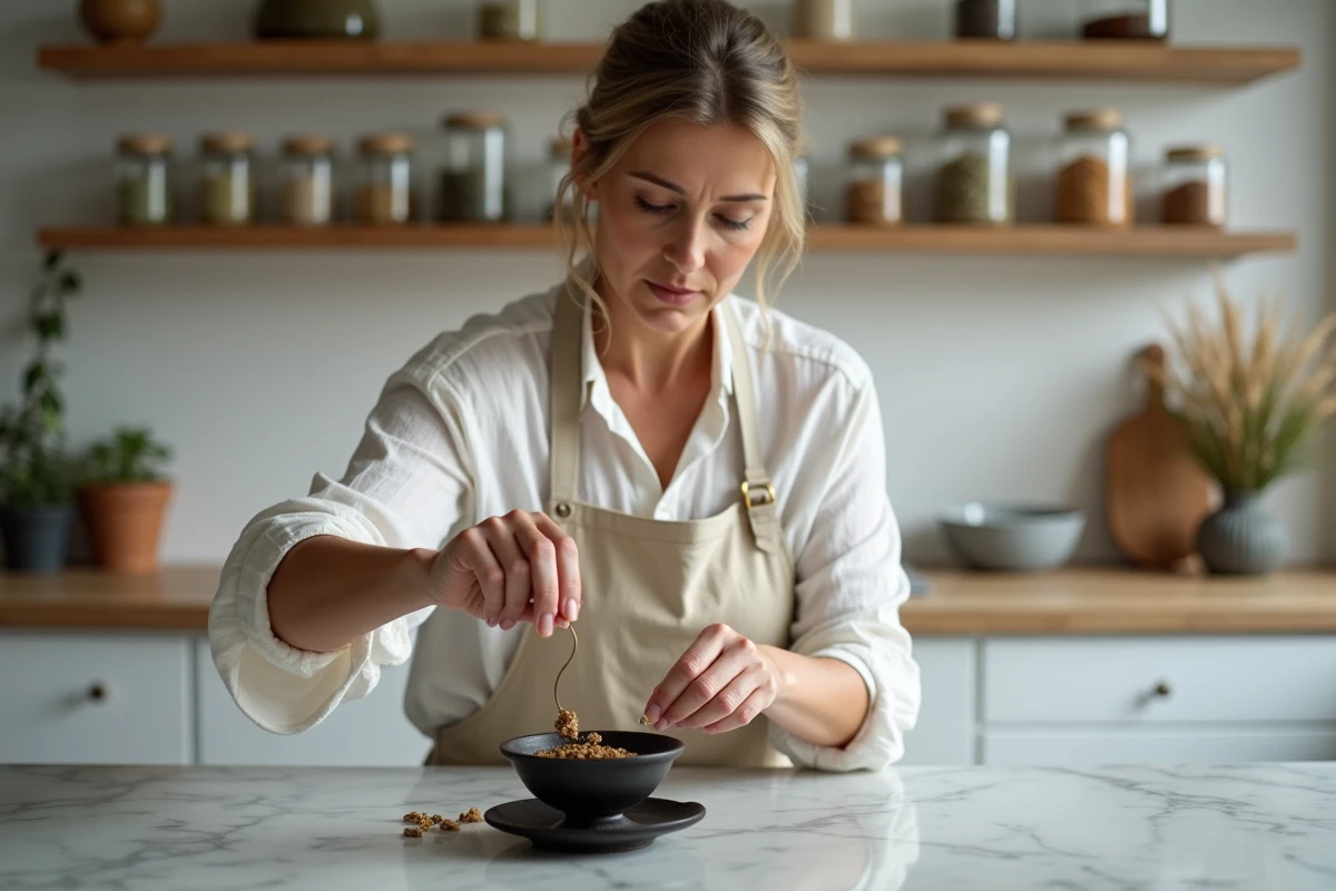 Femme préparant un mélange d'encens Louban dans un brûleur en fonte sur un plan de travail en marbre dans une cuisine moderne