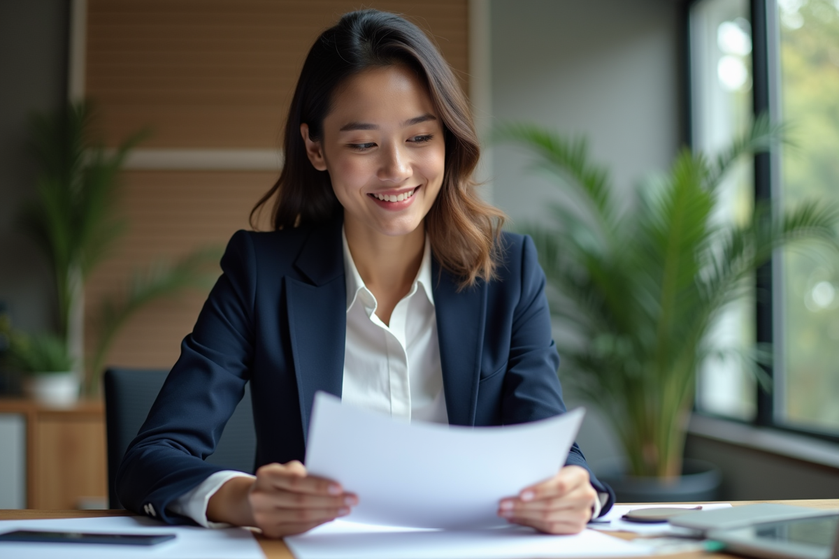 Femme confiante en réunion dans un bureau moderne