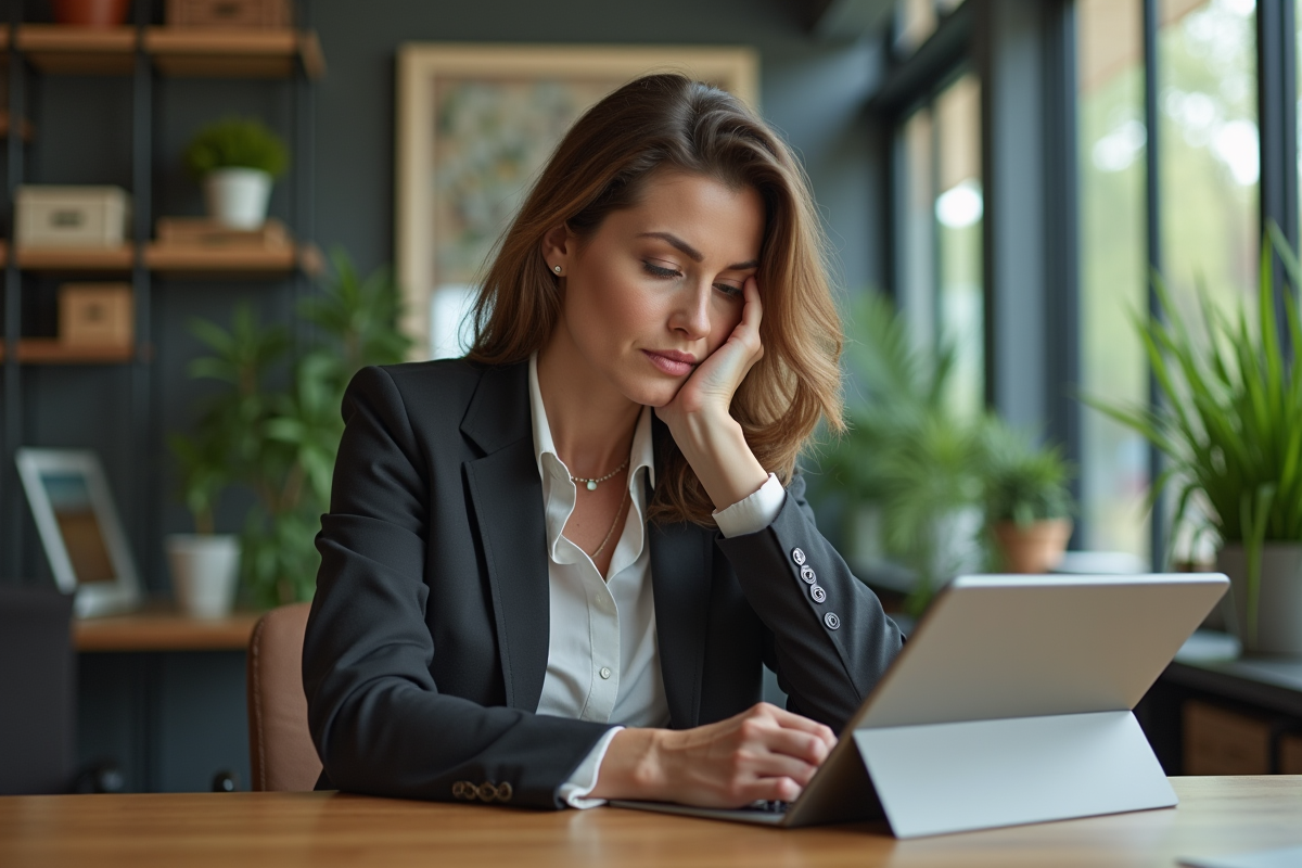 Femme d age moyen en tenue professionnelle consulte une tablette