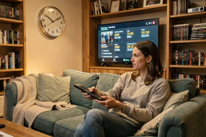 Femme consultant un programme TV tard le soir avec une horloge murale affichant l'heure PM dans un salon cosy