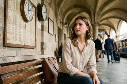 Jeune femme attendant à une gare ferroviaire européenne, regardant une horloge murale - illustration du verbe attendre