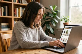 Femme cherchant un code promo Amazon sur son ordinateur portable dans un bureau à domicile