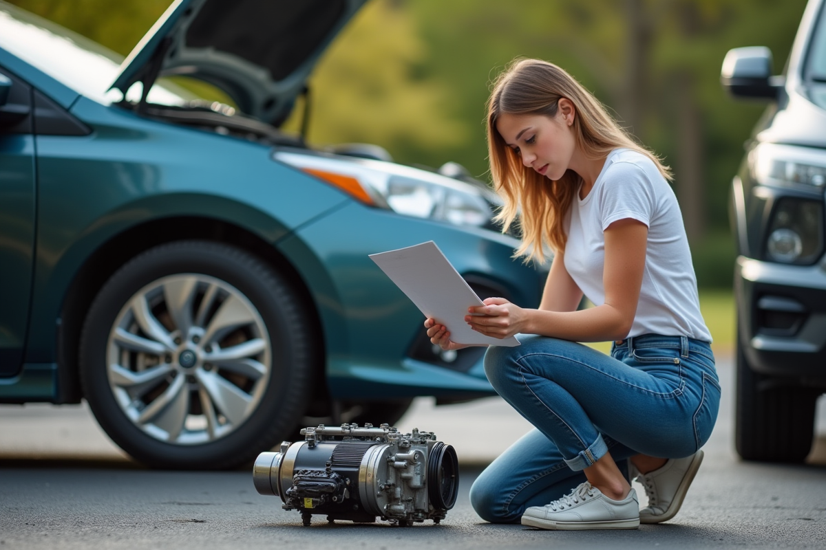 Jeune femme consulte un manuel près de sa voiture en extérieur