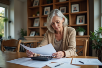 Femme d'âge moyen examine des documents avec calculatrice dans un intérieur chaleureux