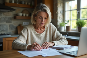Femme d'âge moyen examine des documents dans une cuisine lumineuse