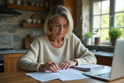 Femme d'âge moyen examine des documents dans une cuisine lumineuse