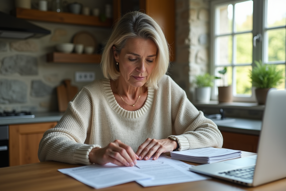 Femme d'âge moyen examine des documents dans une cuisine lumineuse