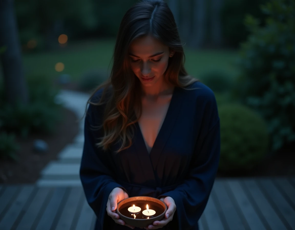 Femme tenant un bol avec deux bougies flottantes lors d'un rituel de flamme jumelle sous un ciel étoilé