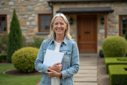 Femme d'âge moyen souriante avec documents devant maison rurale