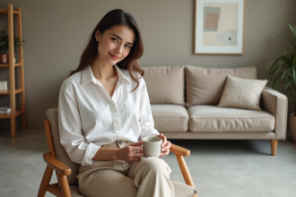 Jeune femme en blouse blanche dans un salon minimaliste