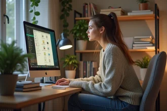 Jeune femme assise à un bureau moderne regardant un écran Sims 4