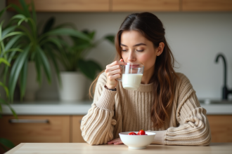 Femme en pull beige dégustant du lait dans une cuisine chaleureuse