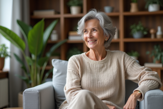 Femme de 60 ans souriante dans un salon moderne élégante