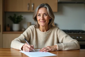 Femme signant une attestation d'hébergement gratuit sur papier à une table de cuisine en bois
