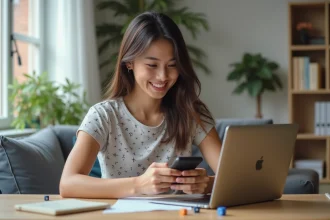 Jeune femme souriante utilisant son smartphone dans un salon lumineux