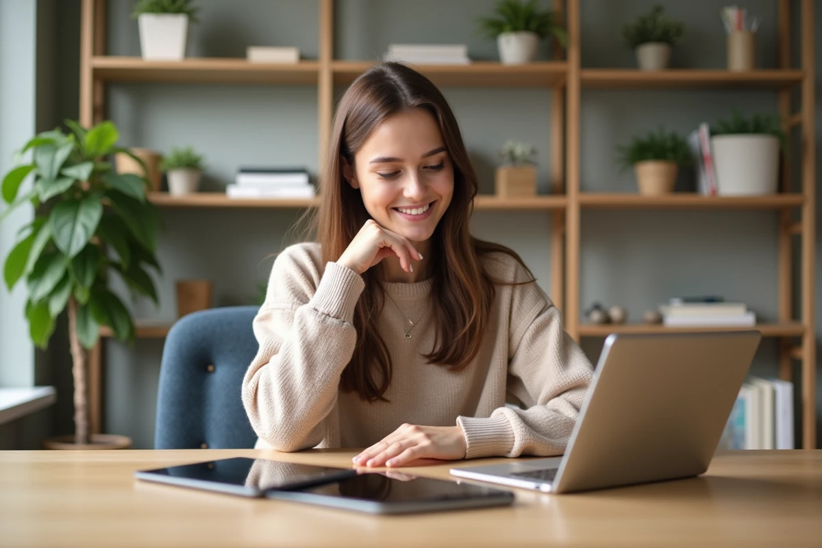 Jeune femme compare des tablettes dans un bureau lumineux