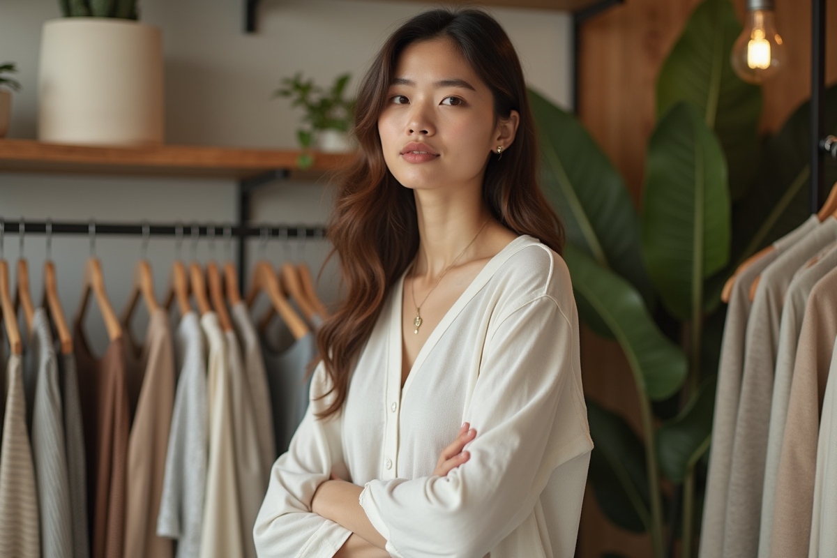 Jeune femme dans une boutique de vêtements durables