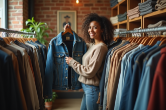 Femme souriante dans une friperie avec vêtements vintage