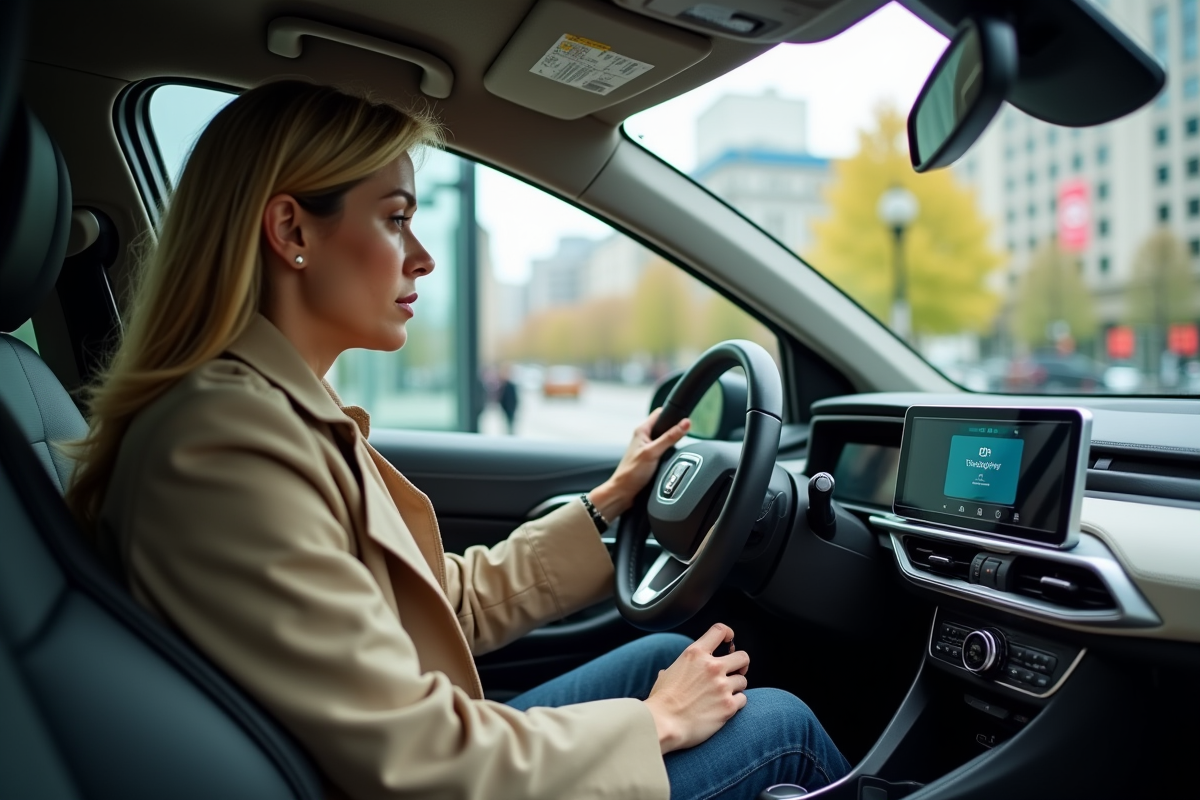 Femme vérifiant le statut de charge dans une voiture hybride en ville