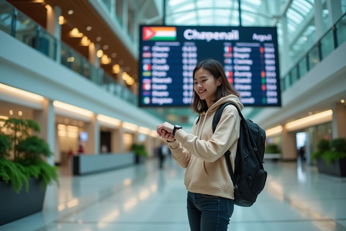 Jeune femme asiatique vérifiant sa montre dans un aéroport de Singapour