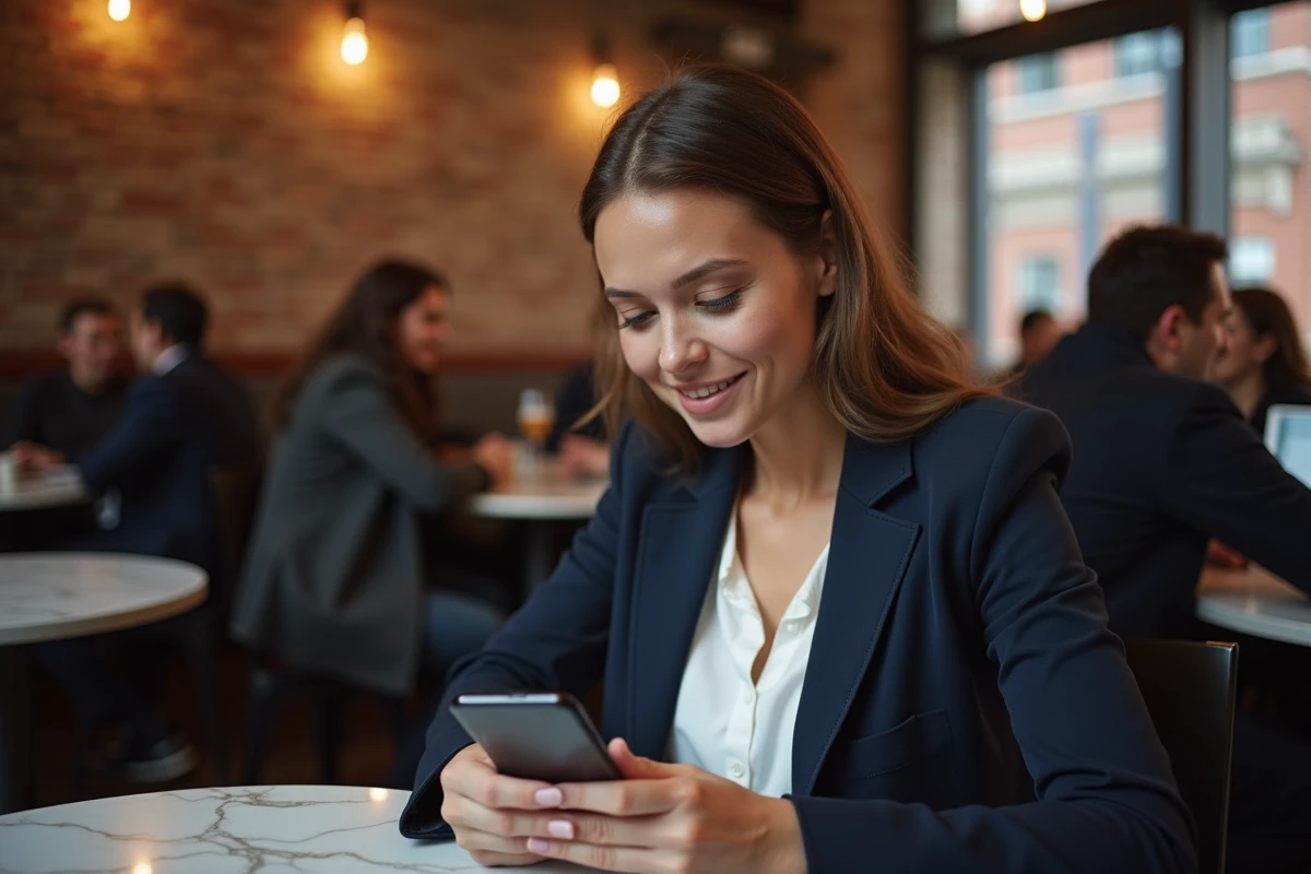 Femme connectée à un VPN sur smartphone dans un café urbain animé