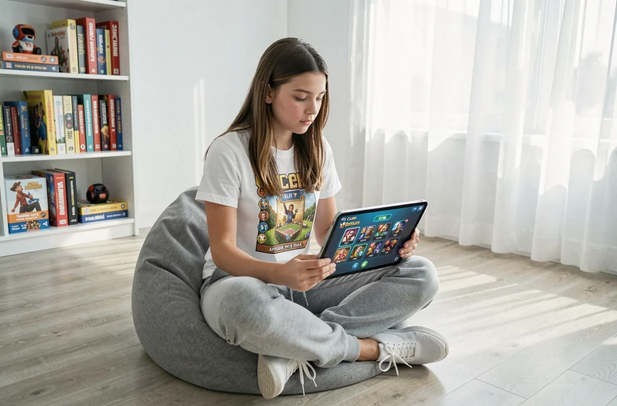 Adolescente analysant une configuration de deck Clash Royale 2026 sur tablette dans un salon moderne
