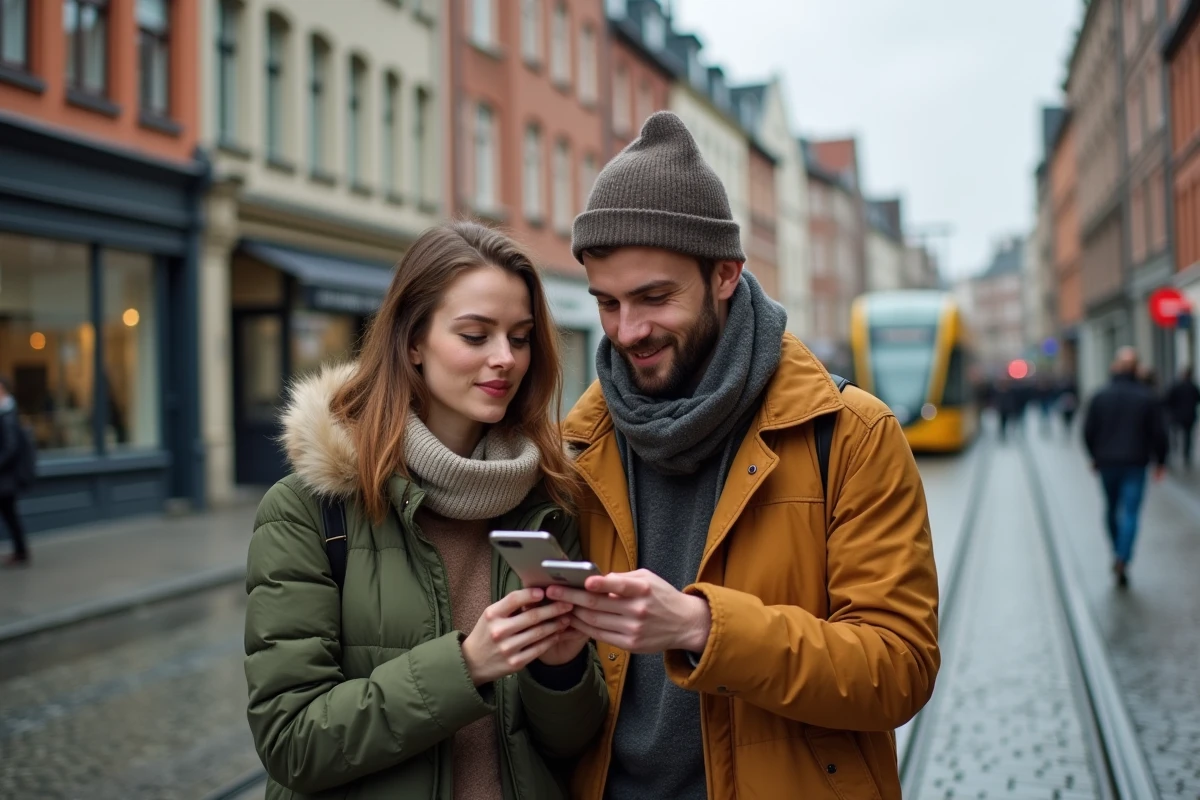 Couple consultant un forfait mobile franco-belge sur smartphone dans une rue de Bruxelles