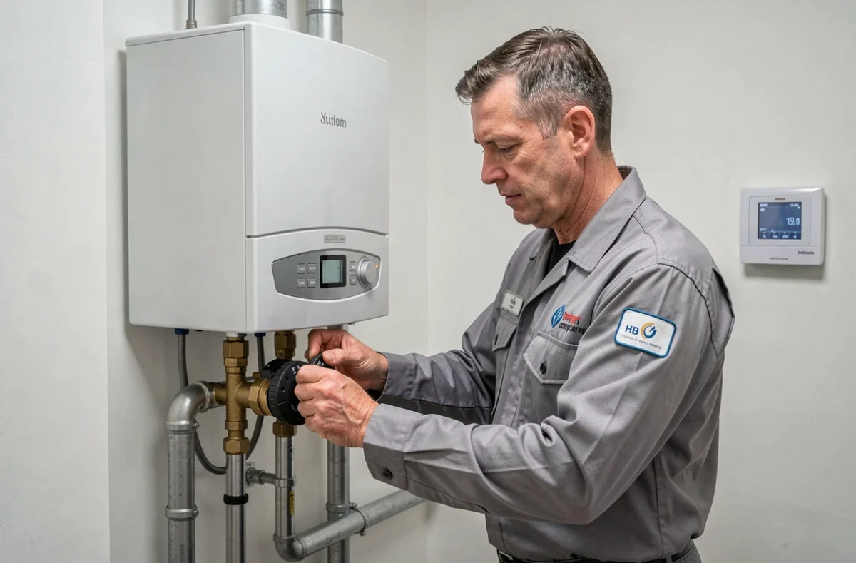 Technicien de Frilley SARL réglant une chaudière moderne dans une installation de chauffage à Dijon