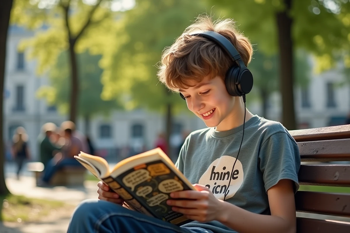 Adolescent lisant manga dans un parc en plein air