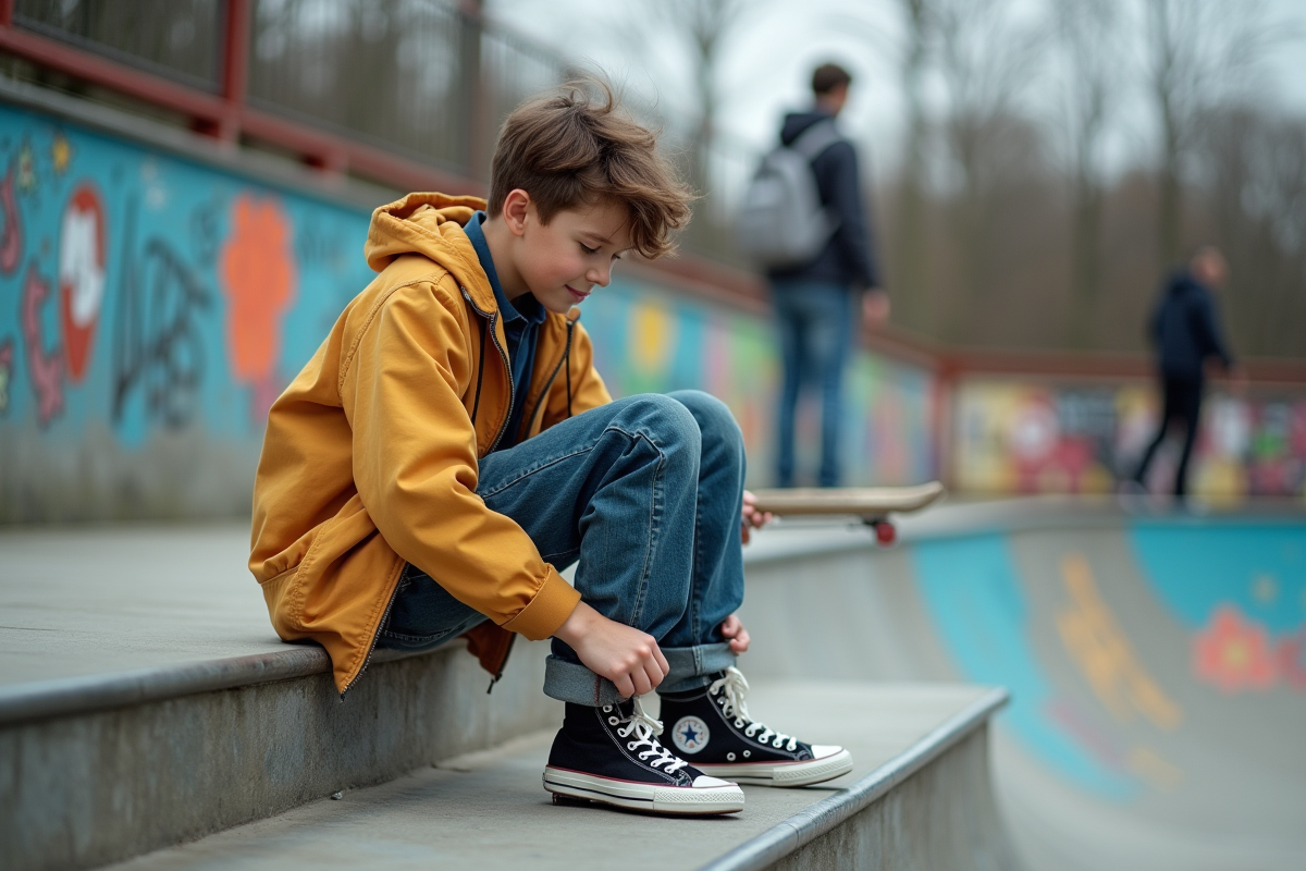 Adolescent assis avec skateboard dans un skatepark urbain